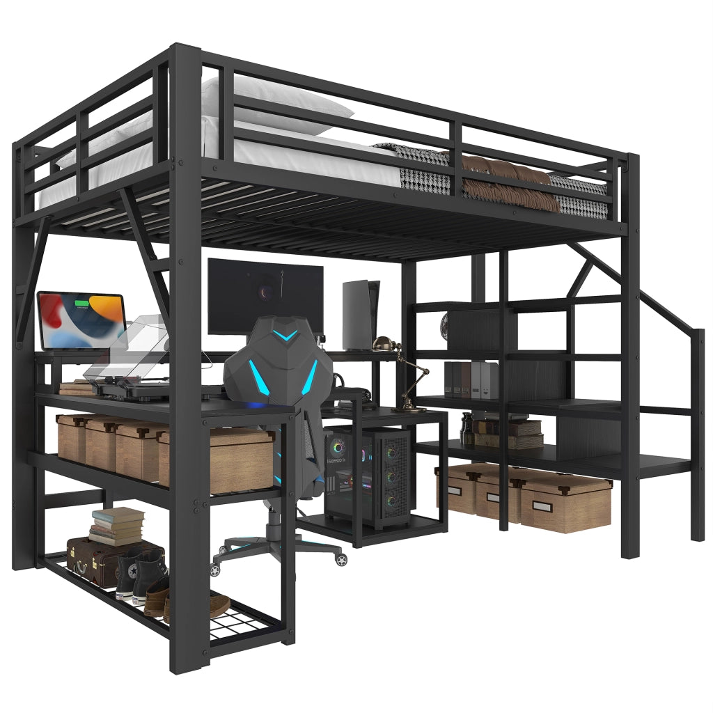 LETTO A SOPPALCO 140 x 200 cm in metallo nero con scrivania, LED e USB