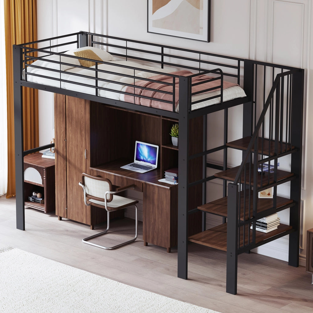 Letto a soppalco singolo 90×200 cm con scala e spazio contenitore; senza materasso; metallo; nero