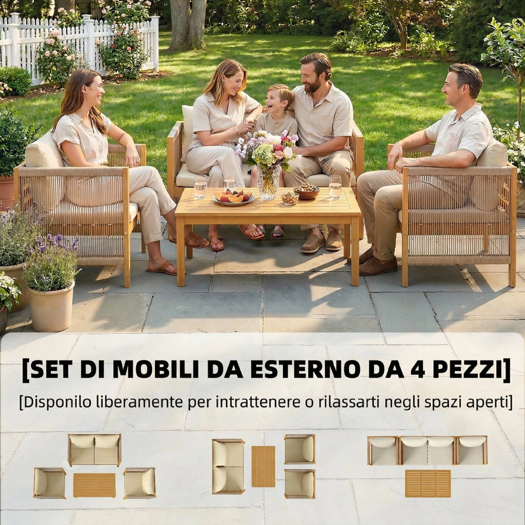 Set Salotto Giardino 4 Pezzi ¨C Zephmum ¨C Divanetto, 2 Poltrone con Cuscini, Tavolino Legno Acacia