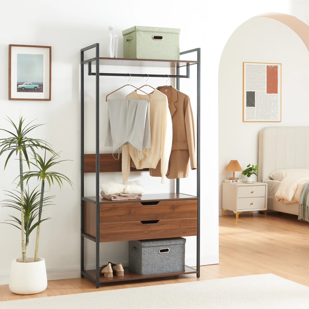Organizzatore Guardaroba Larem Mobile Porta Abiti con Cassetti - Nero / Effetto Noce [en.casa]