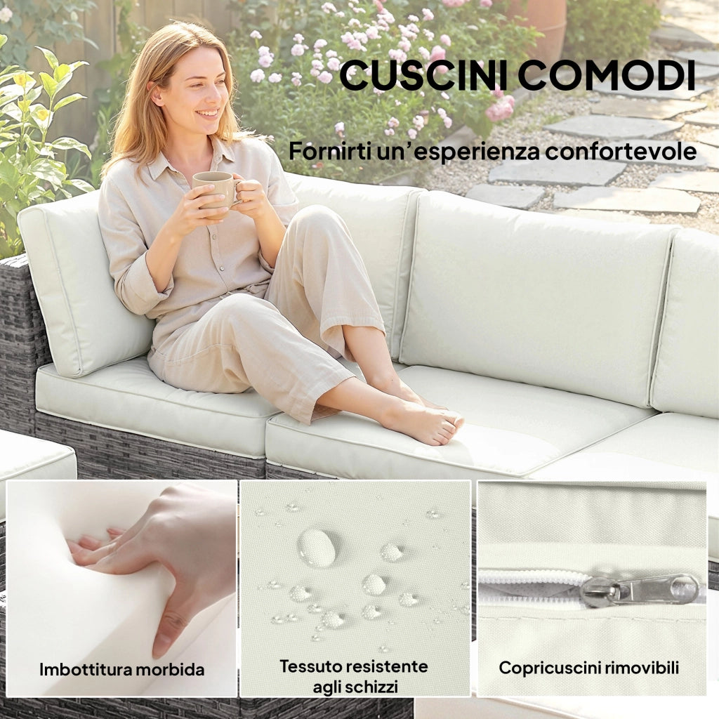 Set Giardino 6 Pezzi Rattan Acciaio ¨C Zephmum ¨C Divano Tavolino Cuscini Grigio