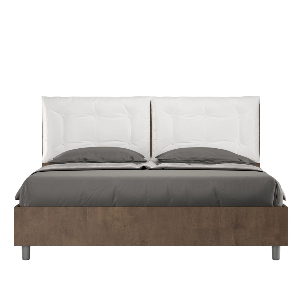 BS COM Letto matrimoniale con rete 160x200 noce cuscini similpelle bianco