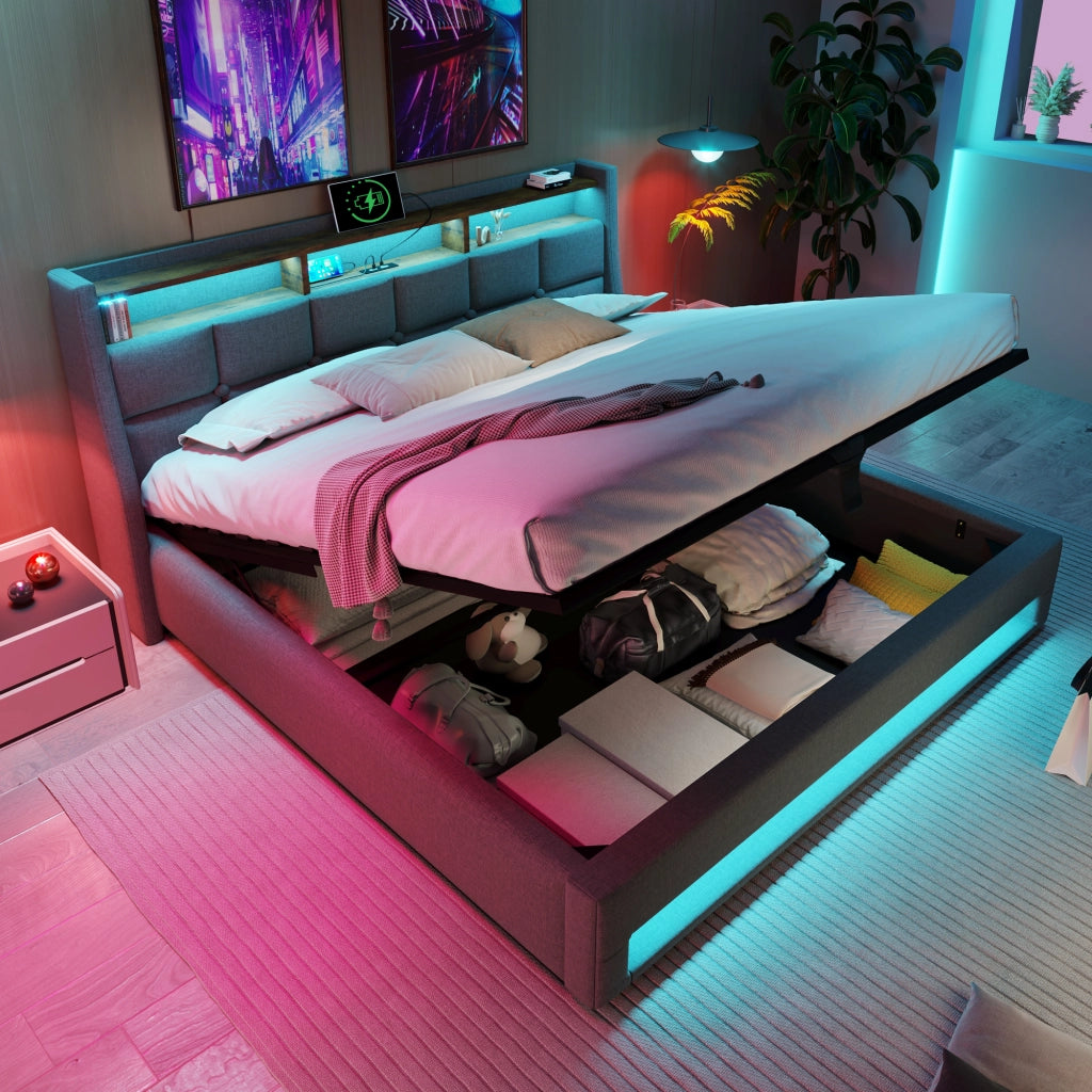 LETTO Imbottito 140x200 cm Grigio in lino con LED e USB