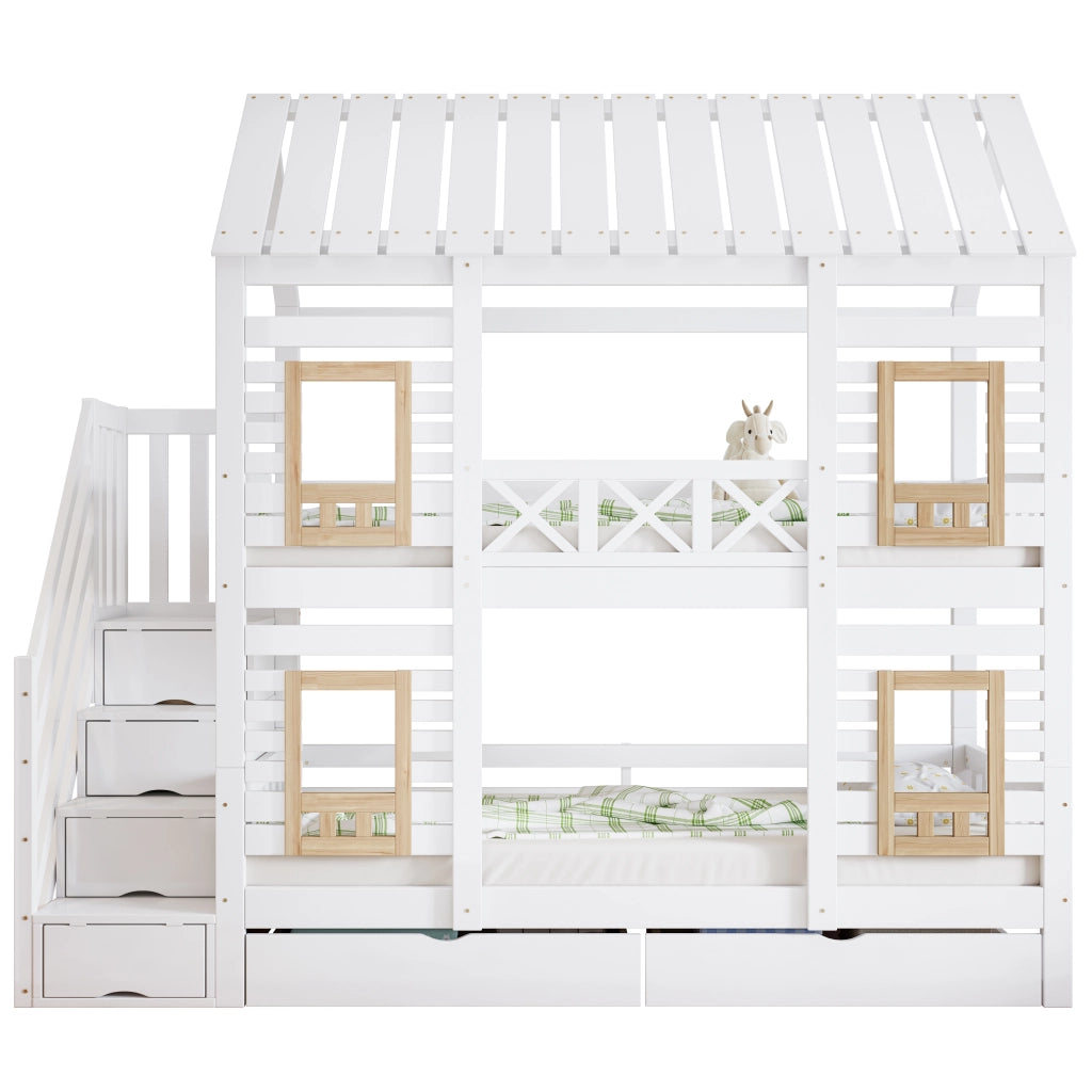 OKWISH Letto a Castello 90×200 cm, Letto Singolo con Finestre, 2 Cassetti, Scala con 4 Vani e Spondine, senza Materasso