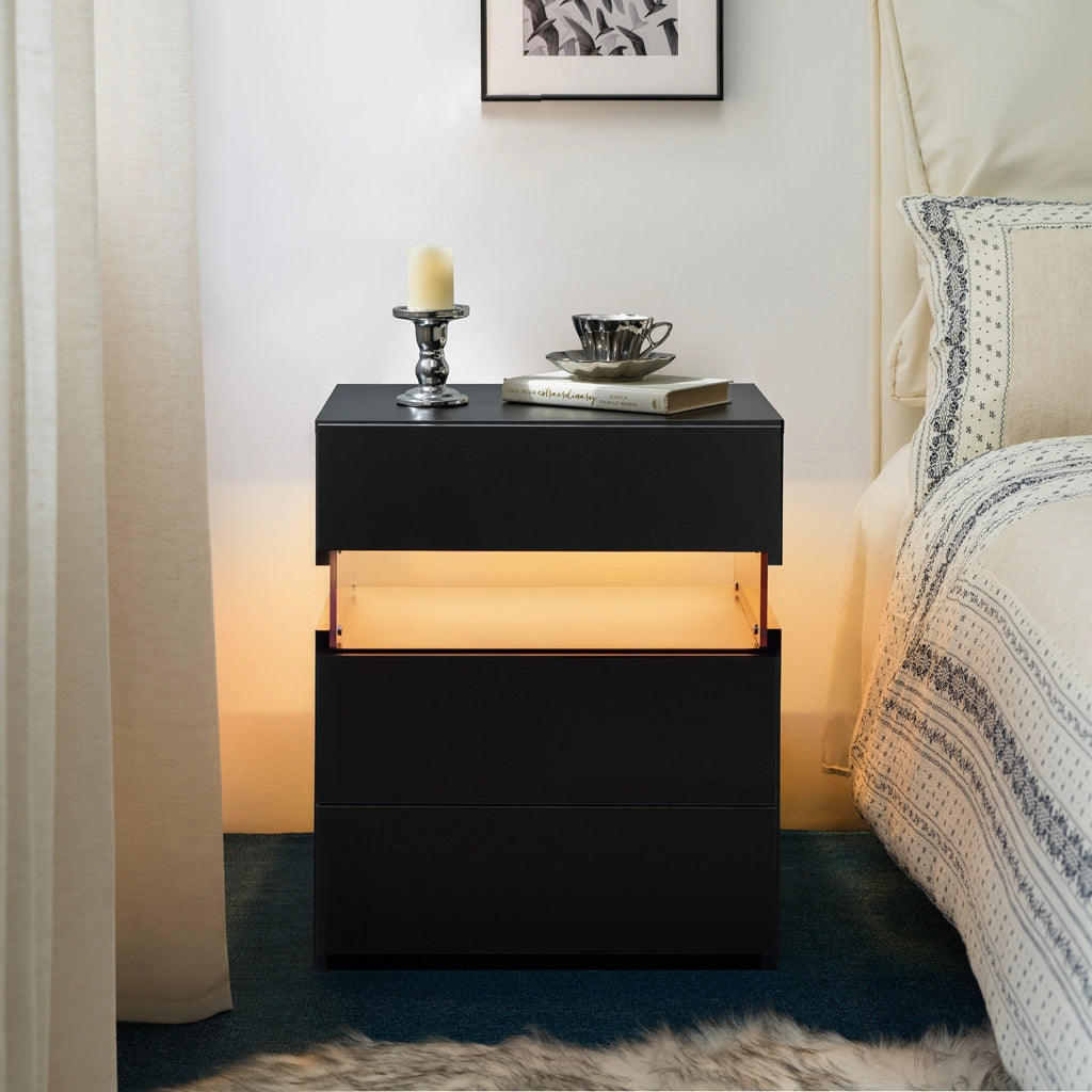 COMODINO LED 3 Cassetti Nero in Legno ingegnerizzato