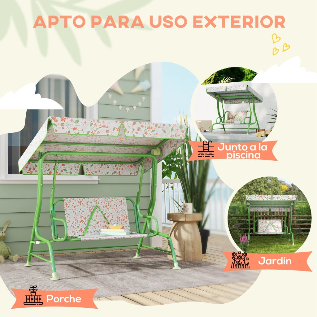 Altalena da Giardino per Bambini con Tettoia Regolabile e Imbracatura di Sicurezza ¨C Xylo ¨C Verde 112x75x120 cm