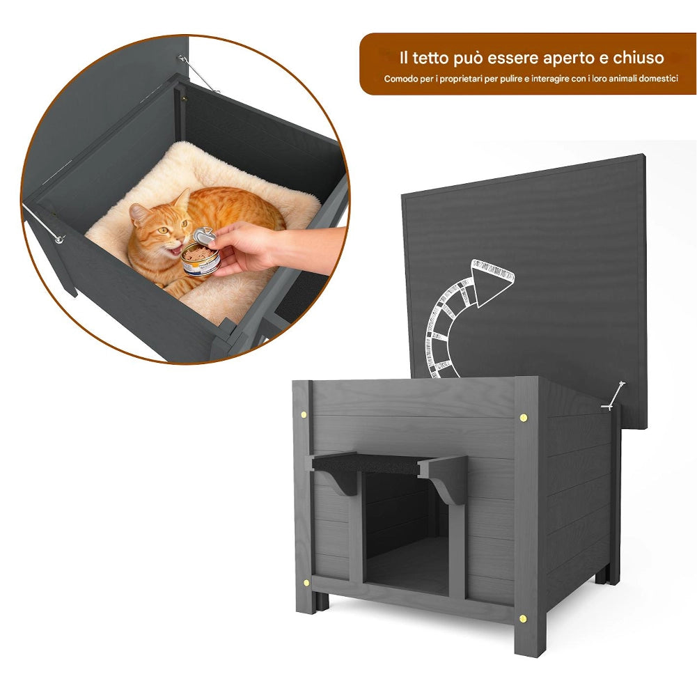 Casetta per Animali Domestici Grigia in Legno Cuccia Tetto Apribile 60x58x47cm