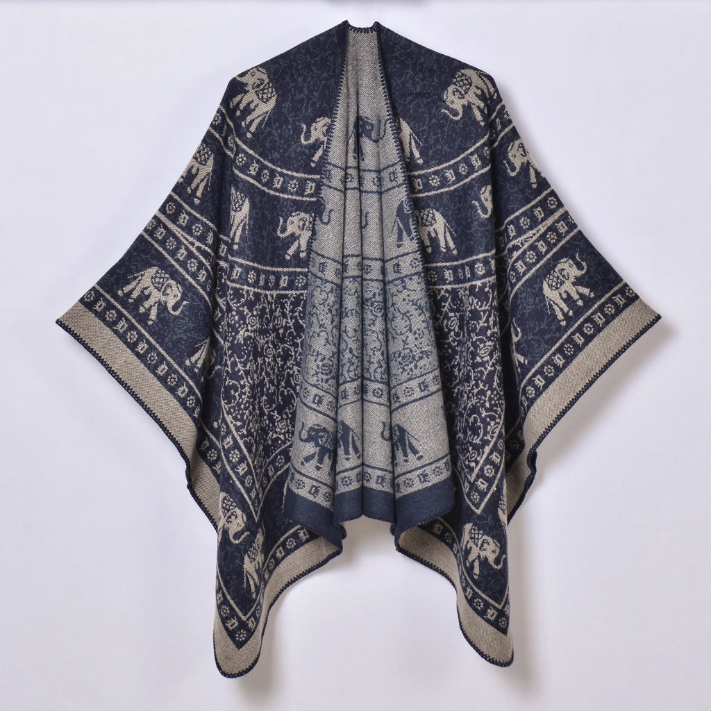 Sciarpa calda e spessa in stile retr¨°, mantella jacquard con spacco per donna