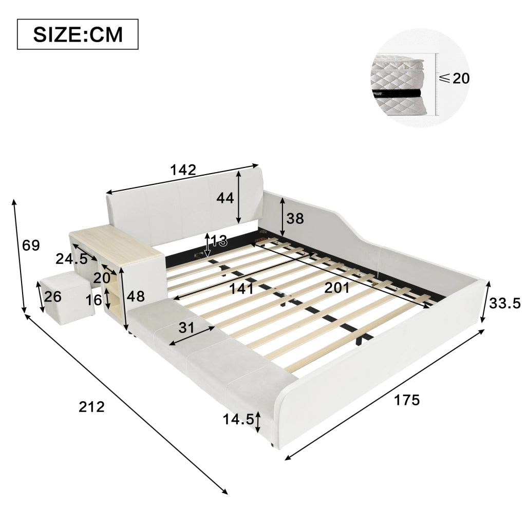 LETTO 140x200 cm in velluto bianco con scrivania, sgabello e ripiano