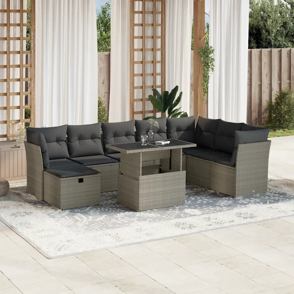Set Divano da Giardino 9pz con Cuscini Grigio Chiaro Polyrattan