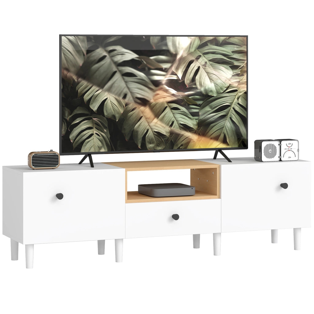 Mobile TV con Ante a Ribalta, Cassetto e Scaffale Aperto ¨C Minimal ¨C Bianco e Legno 150x35x45 cm