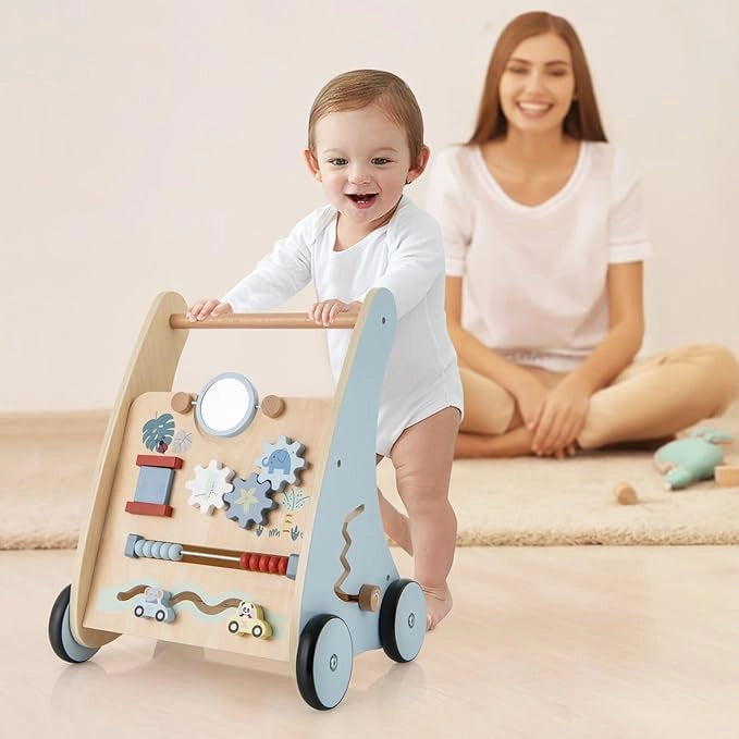 2 in 1 Girello Neonato in Legno, Carrello Primi Passi per Bambini, con Giocattoli Montessori, Scomparto Portaoggetti, per Bambini 3+ Anni