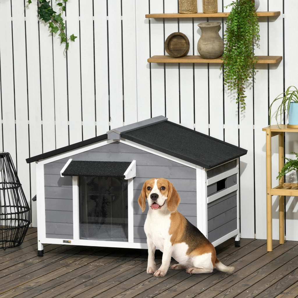 Cuccia per Cani in Legno Massello ¨C Xylo ¨C Tetto Impermeabile 109x79x72 cm Grigio Bianco