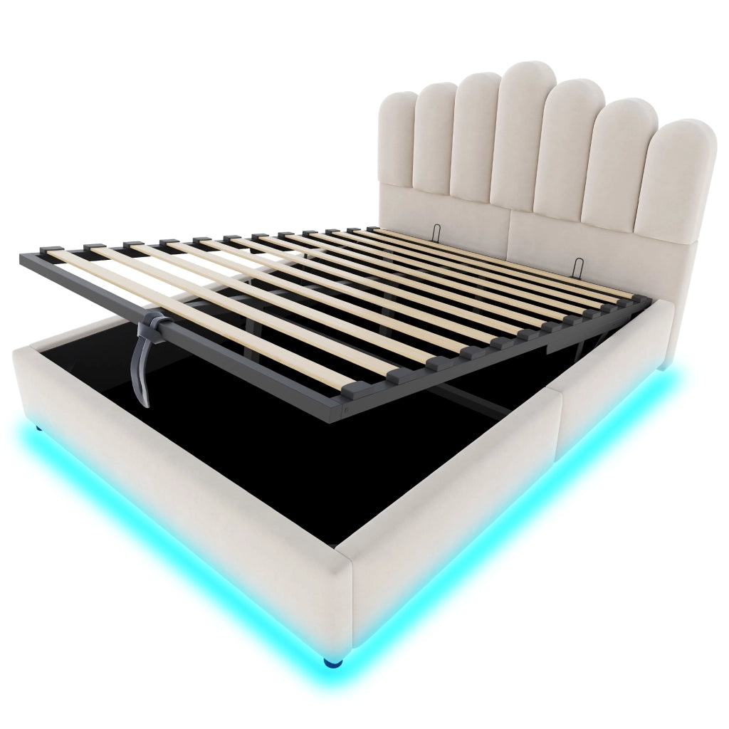 DESMIU Letto contenitore 140 × 200 cm 2 posti con LED e vano idraulico, senza materasso, in velluto, beige