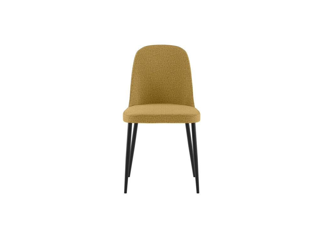 Sedia da pranzo Tamara con struttura in polipropilene e rivestimento in tessuto giallo, gambe in metallo nero - Design moderno e vivace