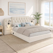 DESMIU Letto contenitore 180 × 200 cm 2 posti con testiera allungata, luci da lettura, USB e senza materasso, beige