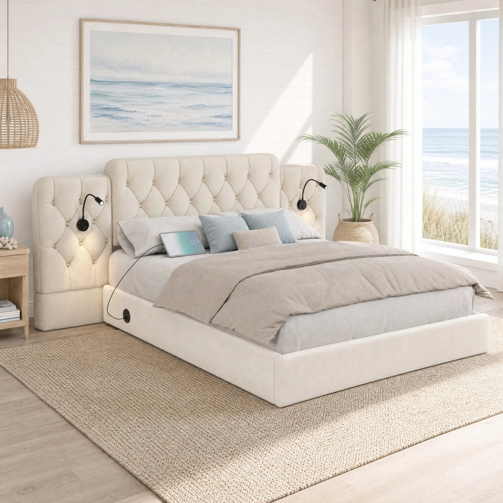 DESMIU Letto contenitore 180 × 200 cm 2 posti con testiera allungata, luci da lettura, USB e senza materasso, beige