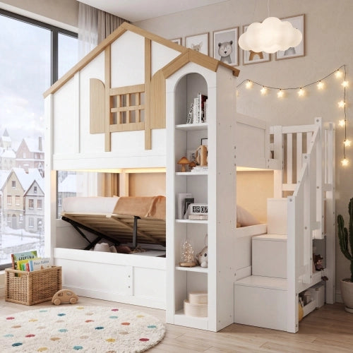 Letto a castello per bambini 90x200 cm LEMONMAX con contenitore idraulico, scala contenitore, LED, pino massello e MDF, bianco e naturale