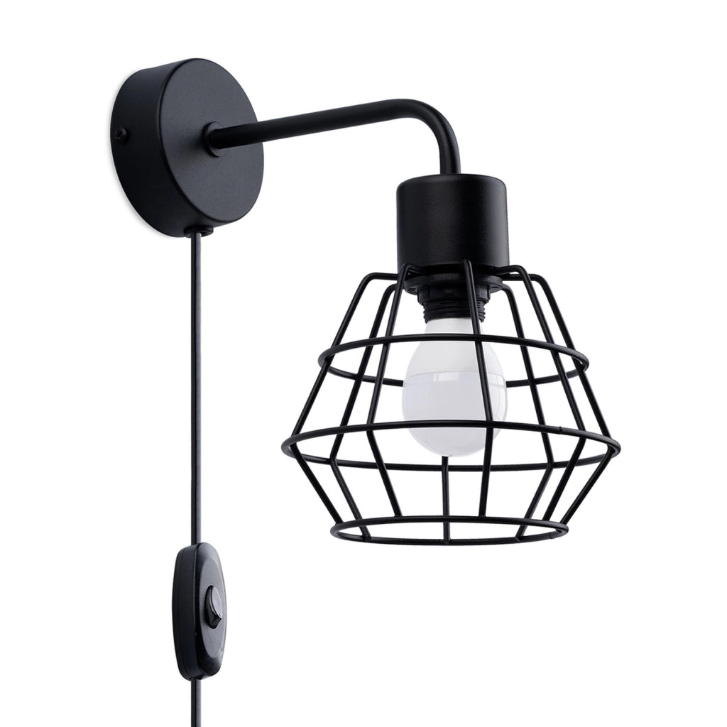 Applique industriale nera in metallo con interruttore E14