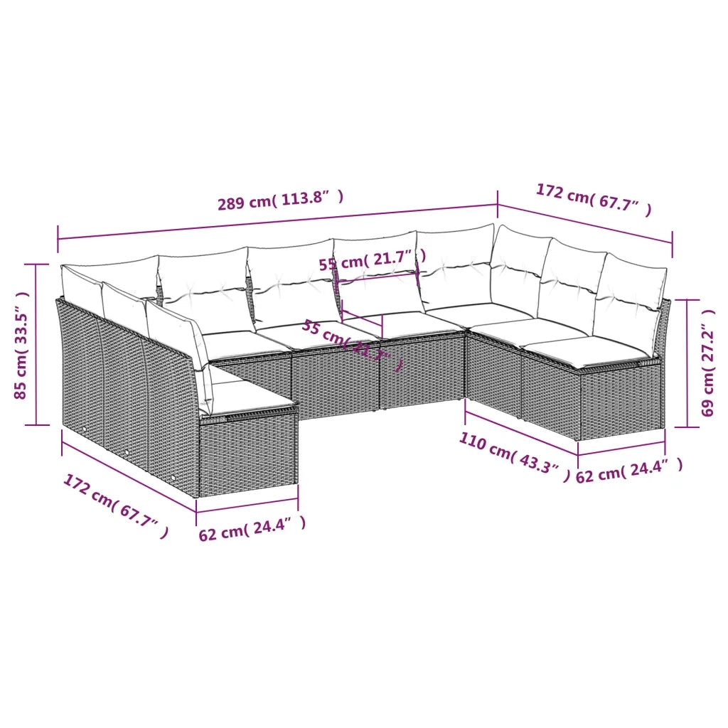 Set Divano da Giardino 9pz con Cuscini Grigio Chiaro Polyrattan