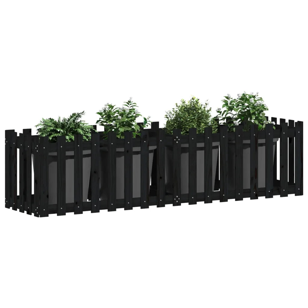 Fioriera Giardino a Recinzione Nera 200x50x50cm Massello Pino 832509