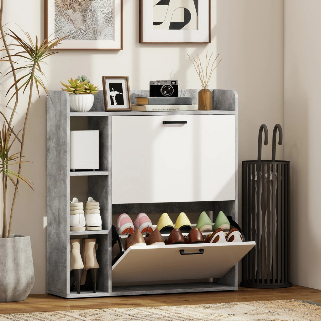 Scarpiera Slim Salvaspazio ¨C Xylo ¨C 2 Cassetti Ribaltabili 3 Ripiani Aperti Grigio 83x24x90.5cm