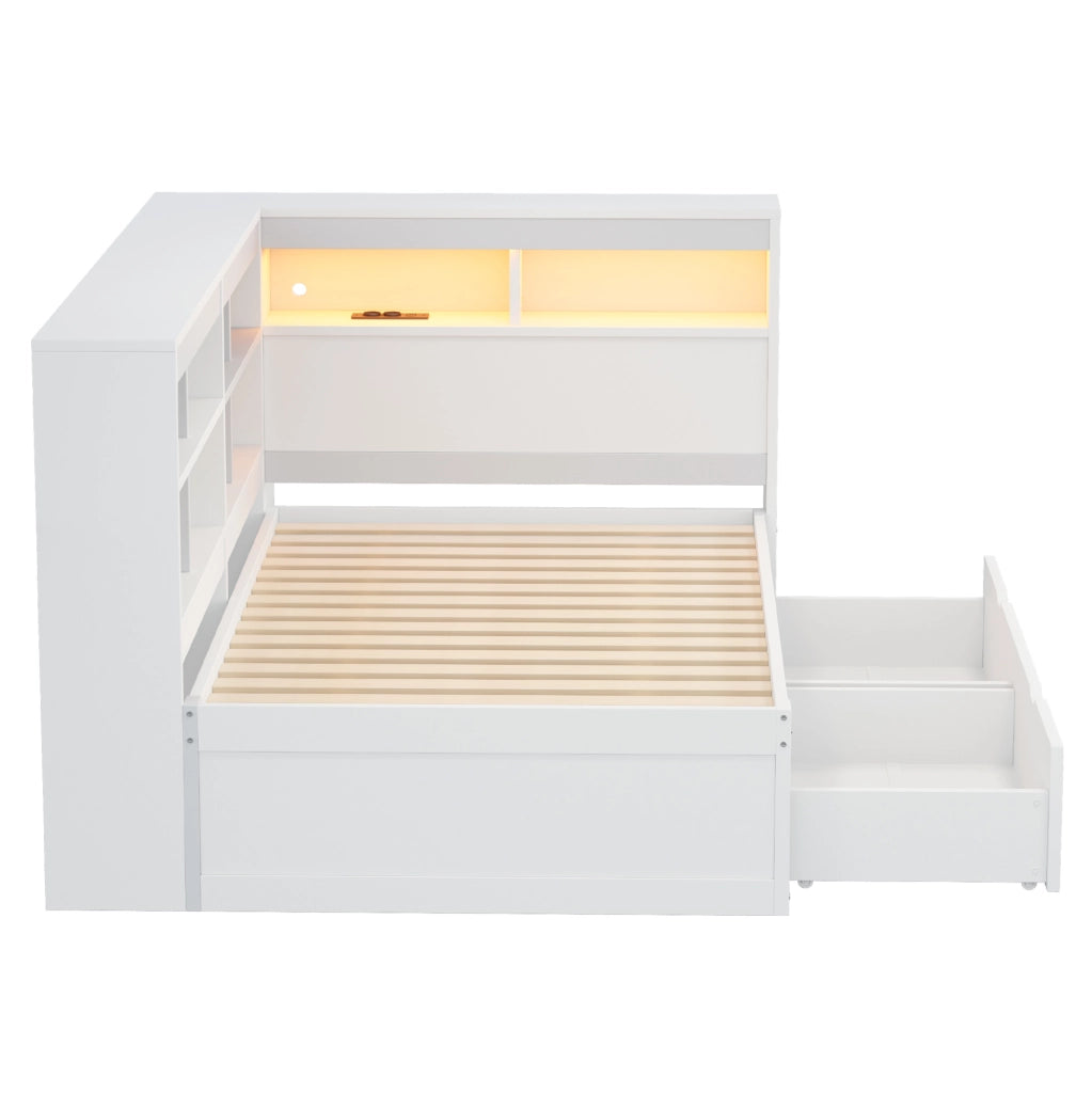 Letto 90x200 cm con contenitori; cassetti; USB e LED in legno