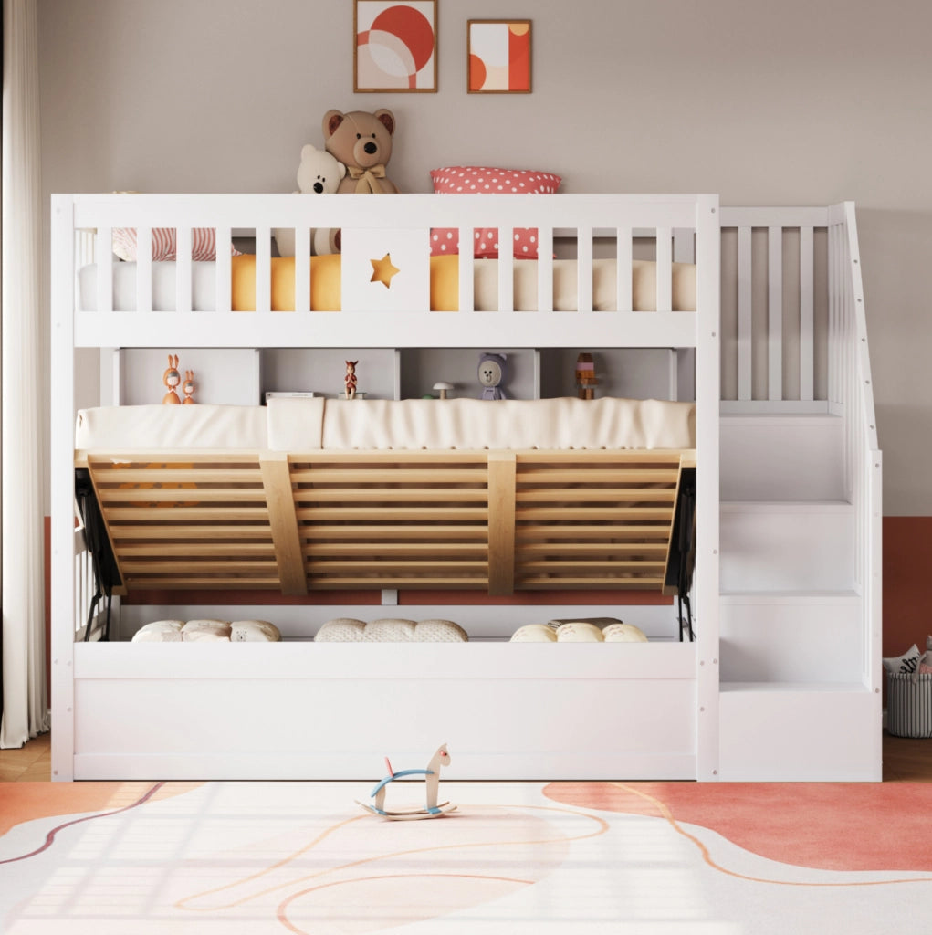Letto a soppalco 90x200 cm con vano idraulico, scala contenitore e ripiani