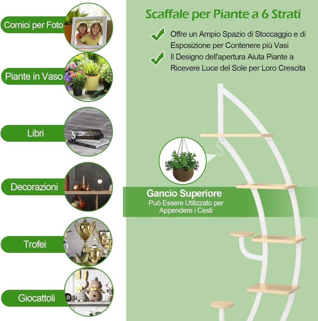 Scaffale per Piante a 7 Livelli, Scaffale a Forma di Mezza Luna con Gancio e Dispositivo Antiribaltamento, Porta Piante e Fiori per Balcone e Soggiorno, 60 x 30 x 155 cm (2 PEZZI BIANCO)