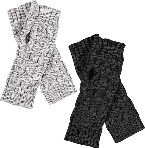 Manopole senza dita per donne - 2 paia di guanti invernali a maglia - polsverwarmers - riscaldatori di mano - corti - senza dita - unisex - nero - grigio.