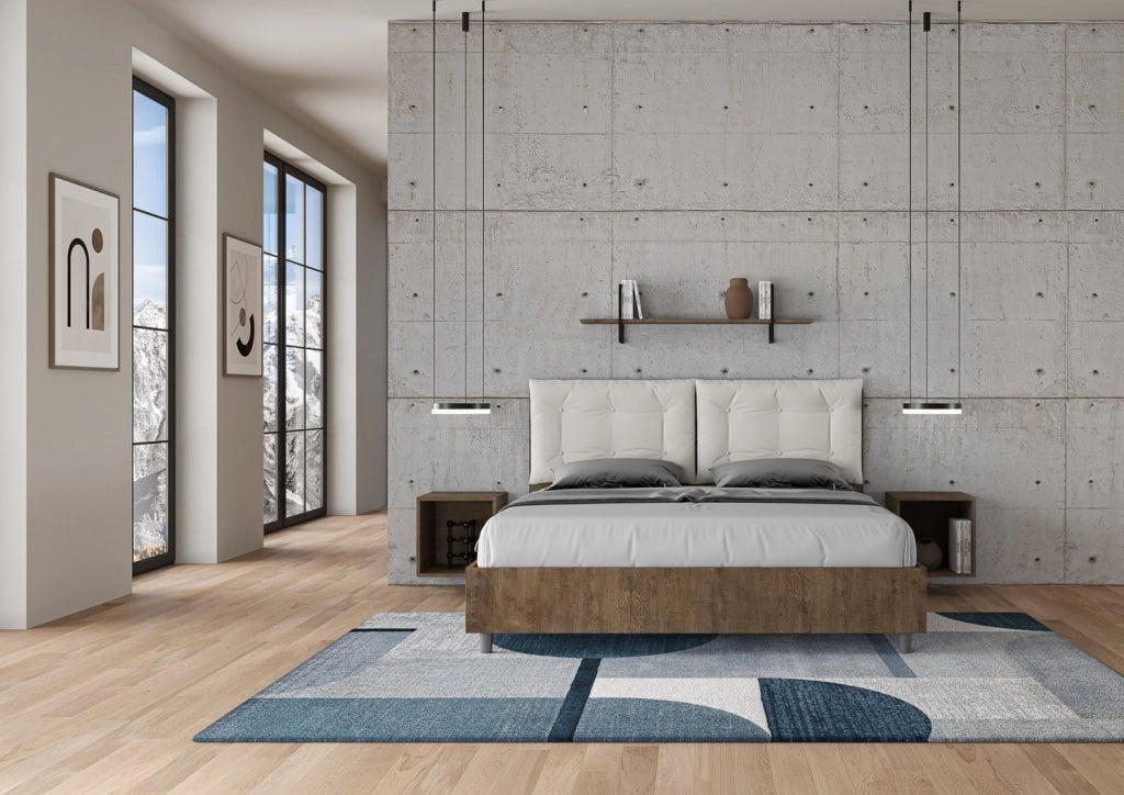 BS COM Letto matrimoniale con rete 160x200 noce cuscini similpelle bianco
