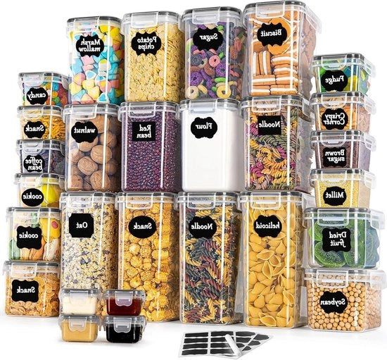 Set di 28 Scatole di Stoccaggio in Plastica Aereostatiche con Coperture - Organizzatore Cucina per Cereali Farina Coffee in Capsula - Contenitori di Stoccaggio 2L 1.4L 0.8L 0.32L
