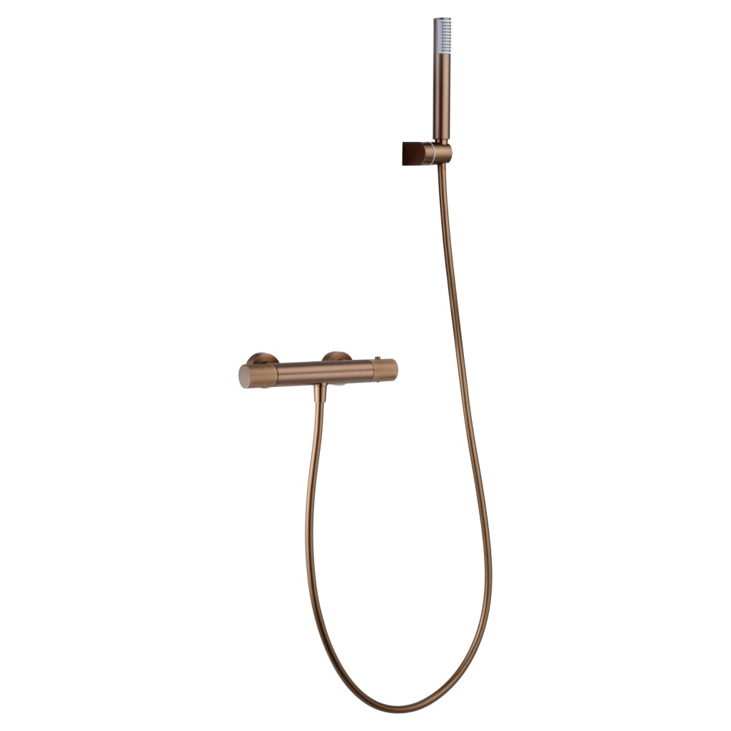 IMEX Miscelatore vasca-doccia termostatico in ottone e zama con finitura PVD oro rosa spazzolato maniglia tonda in ottone tubo flessibile PVC supporto ABS portata 12 l-min cartuccia TURN CLEAN SY
