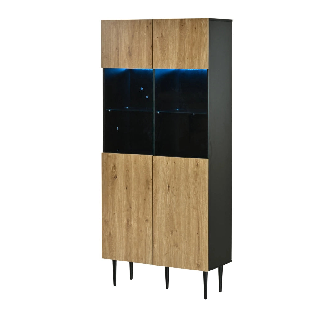 Vetrina 80x35x180 cm con illuminazione LED e 10 vani in MDF nero e naturale