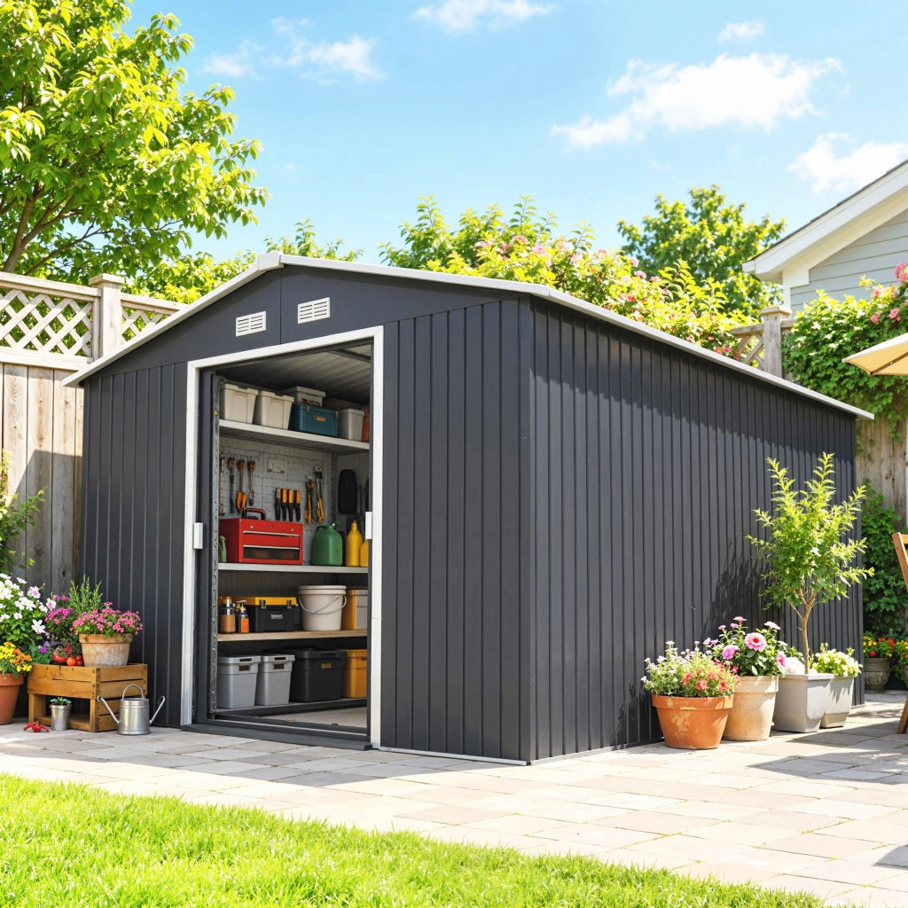Casetta da Giardino ¨C Xylo ¨C Acciaio Grigio 322x277x192 cm con 2 Porte Scorrevoli