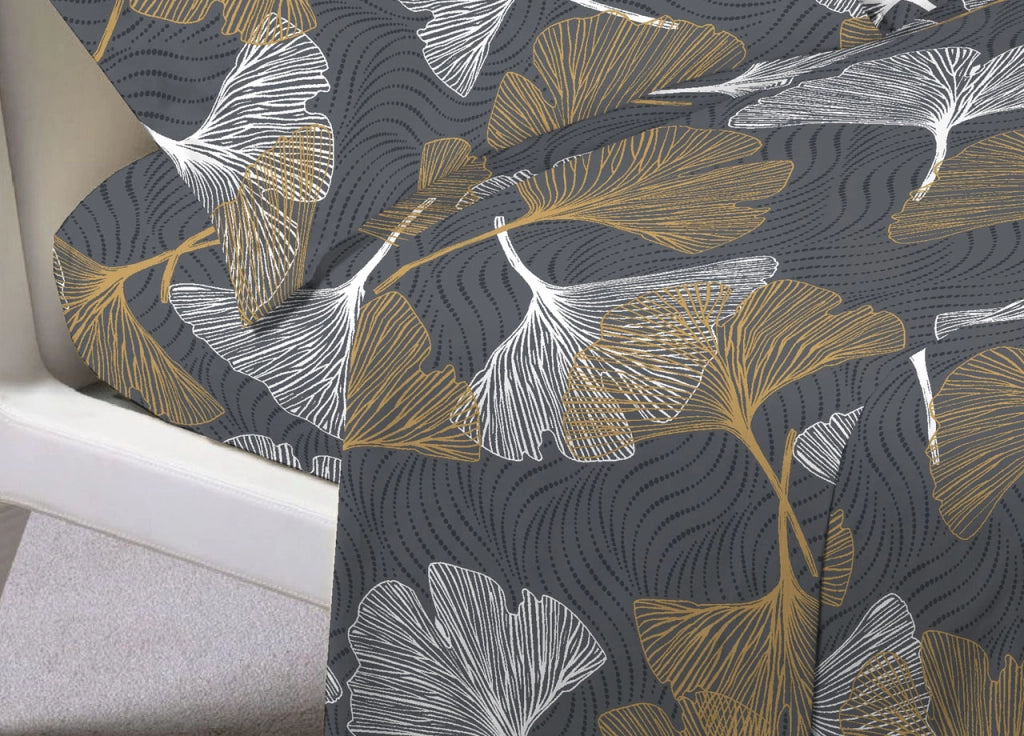 Completo Lenzuola In 100% Cotone Made Italy Moderno Disegno Ginko - Matrimoniale - Giallo