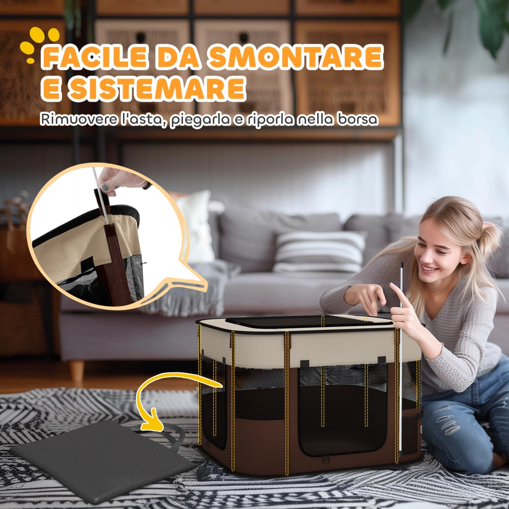 Box per Animali 74x60x45 cm con 6 Finestre 3 Porte e 2 Borse Portaoggetti in Poliestere e Acciaio Marrone
