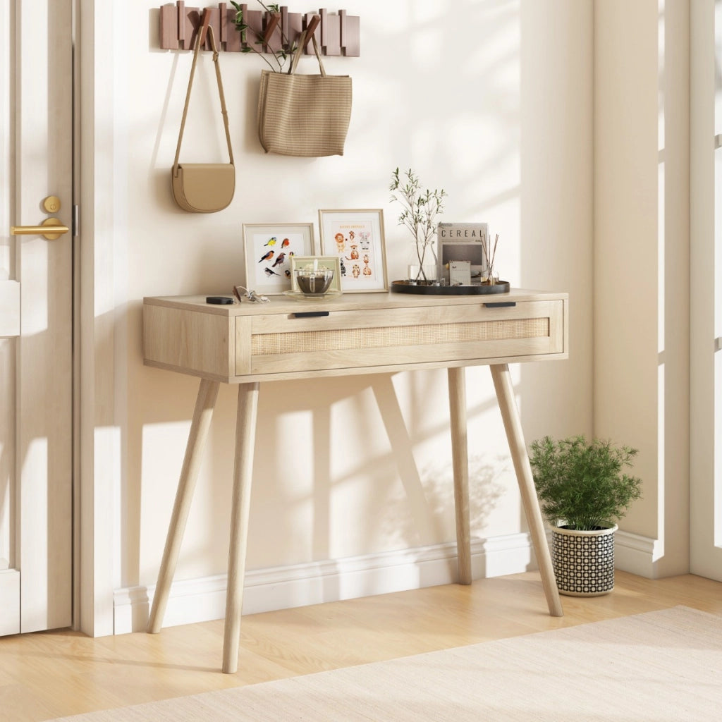 Tavolo consolle in rattan per divano con cassetto rstraibile in legno-Tavolino d'ingresso in stile boho Naturale