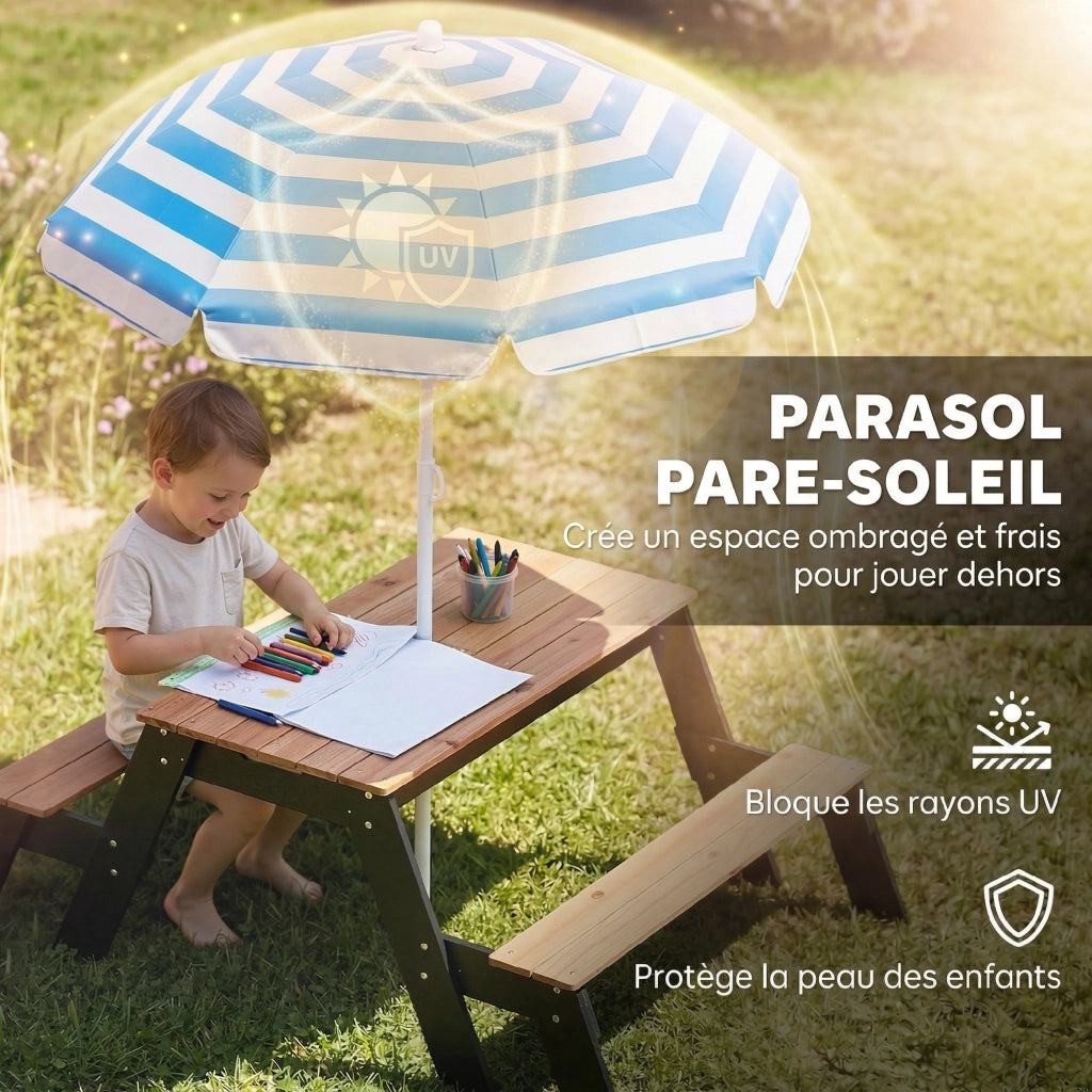 Tavolo da pranzo per bambini con sedie e ombrellone ¨C Minimal ¨C Legno naturale 90x90x50