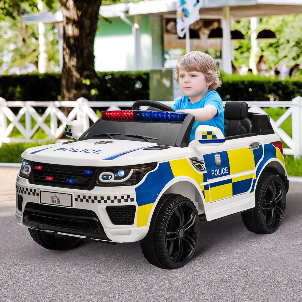 EasyComfort Macchina Elettrica per Bambini della Polizia, 12V Auto Elettrica per Bambini con Telecomando, Sirena Luci Attacco USB per Musica, 110x68x52cm, Bianco