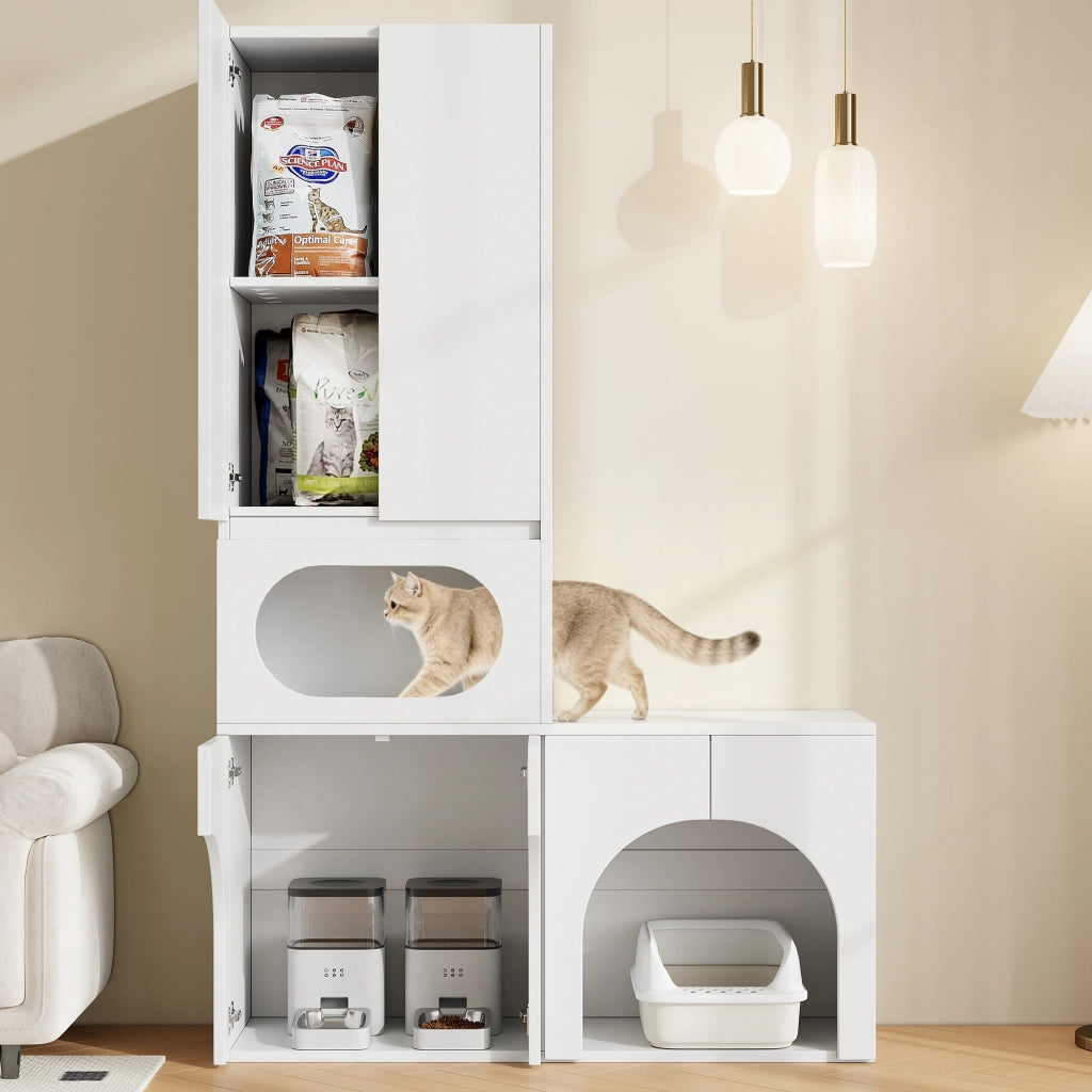 Mobile Lettiera per 2 Gatti 140×45×195 cm con Zona Relax; Armadio Contenitore e Doppio Vano; Bianco