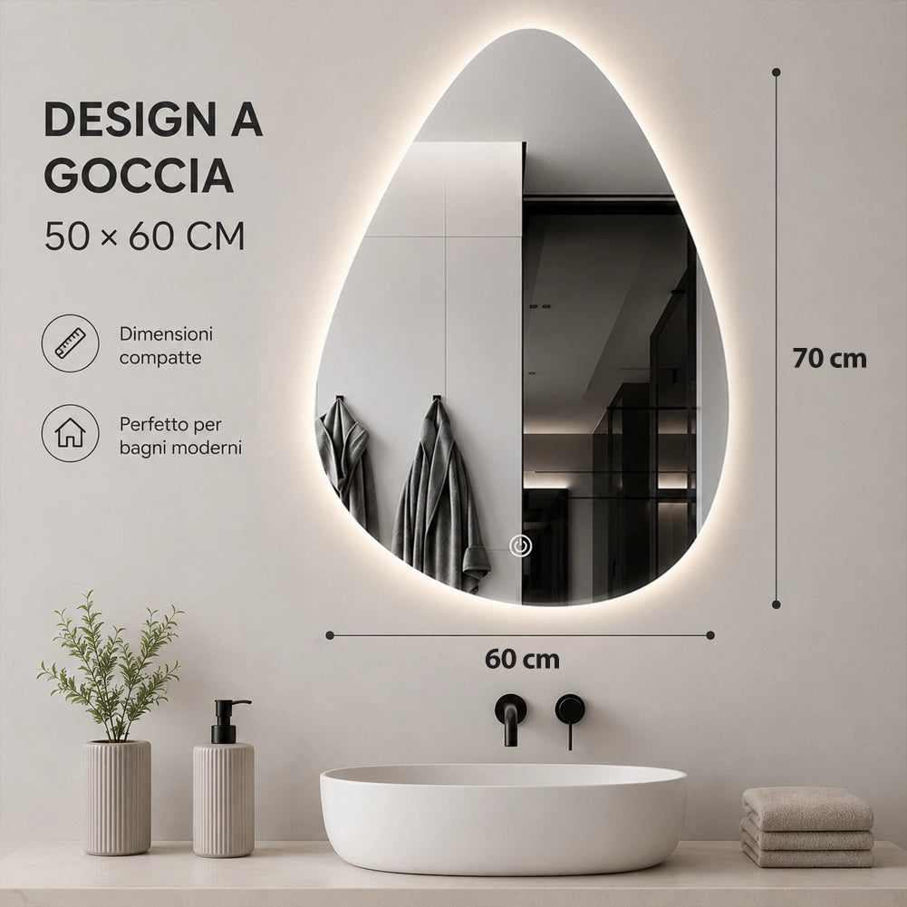 Specchio a Goccia Diametro 60x70 cm Led a 3 Colori Dimmerabile Accensione Touch
