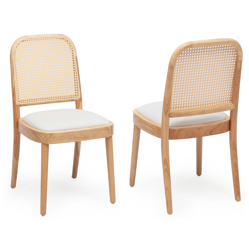Set di 2 sedie da pranzo in legno massello con schienale in rattan e seduta in lino; color legno