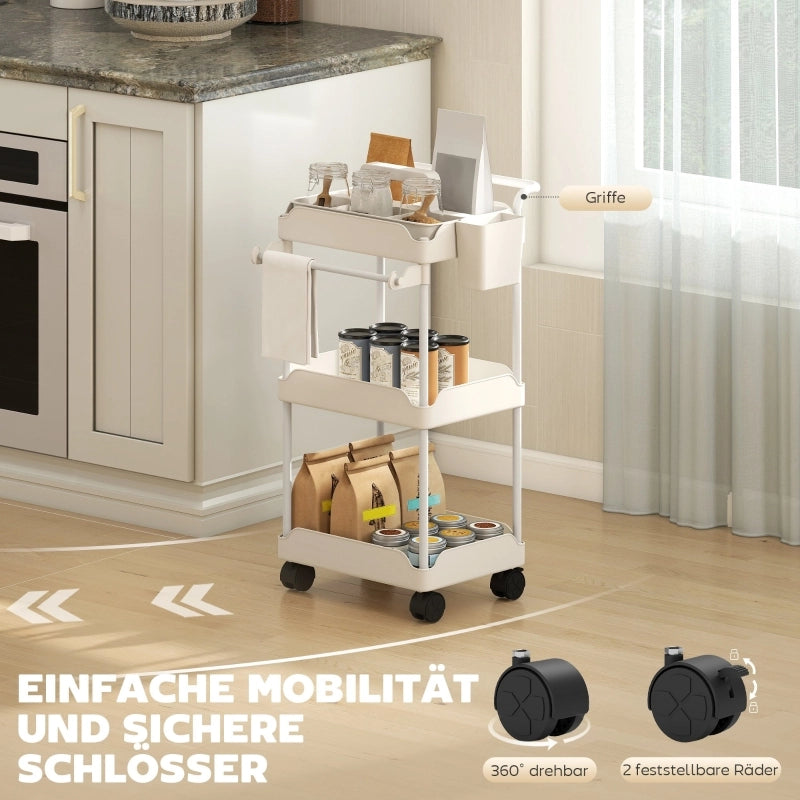 Carrello da cucina con 3 cestelli, portasciugamani e ruote, per cucina, bianco, 42 × 42,5 × 76 cm