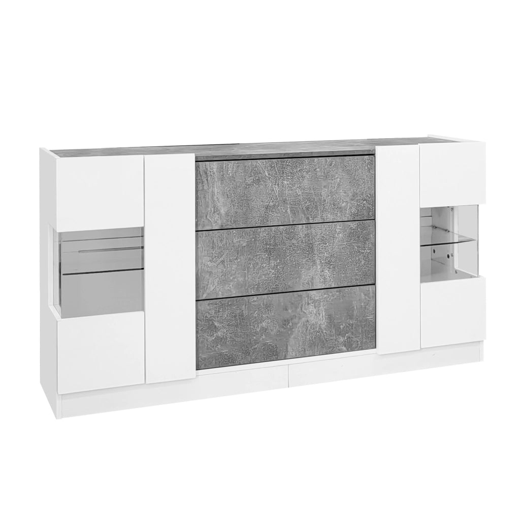 Madia 140x35x75 cm con LED a 16 colori e 2 ante 3 cassetti in MDF; truciolare e vetro bianco e marmo grigio