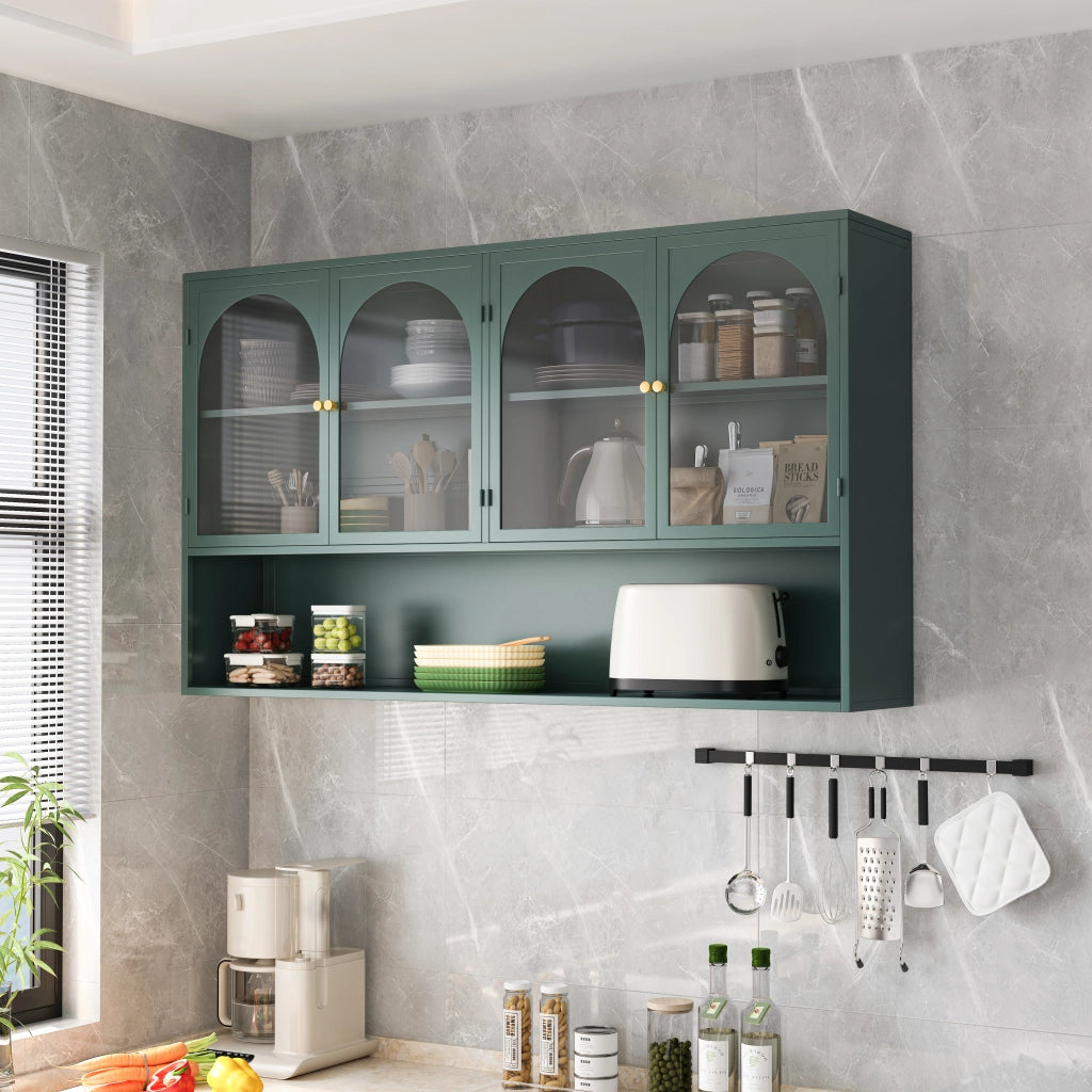 Pensile a 4 ante in vetro e metallo, stile industriale, per cucina e soggiorno, verde scuro, 120 × 23 × 70 cm