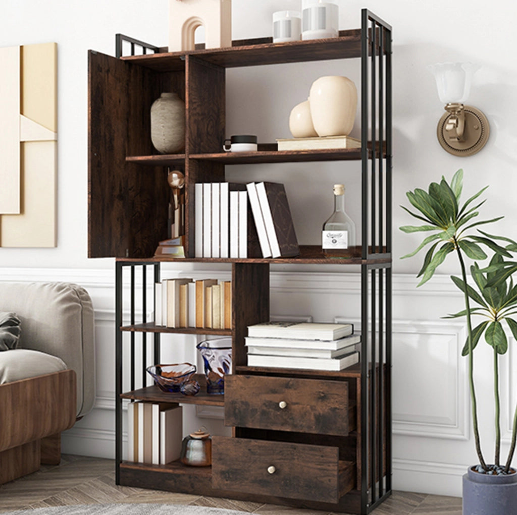 Libreria 100.0x30.0x173.5 cm con cassetti e armadietti in pannello truciolare marrone e nero