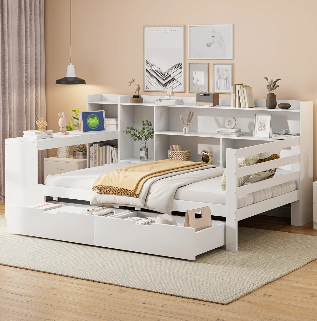 Divano letto multifunzionale 90x200 cm con scrivania; libreria; prese USB; bianco