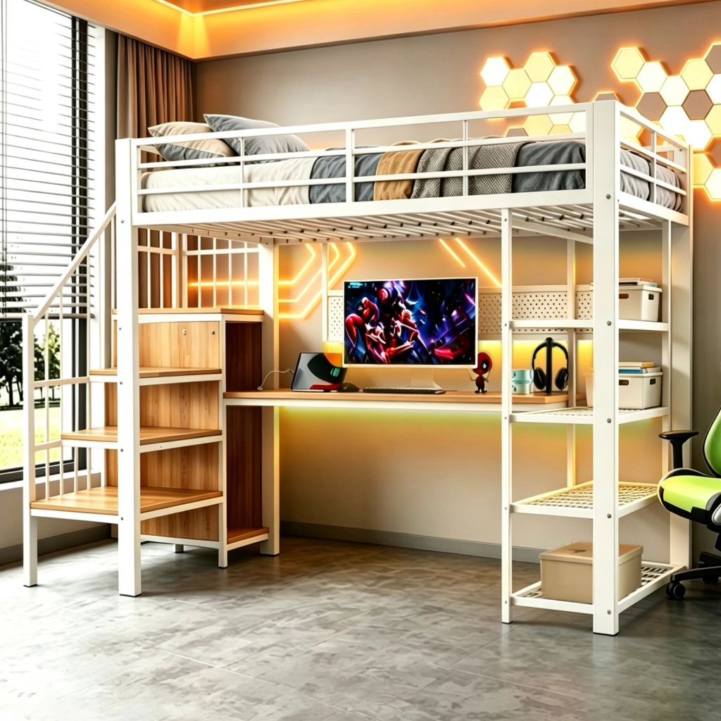 DESMIU Lit soppalco 90 × 200 cm 1 posto con scala contenitore, LED, prese, ripiani, senza materasso, in metallo e legno, bianco