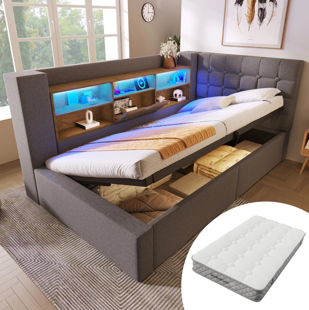 Letto singolo 90x200 cm con LED; contenitore idraulico e materasso; grigio